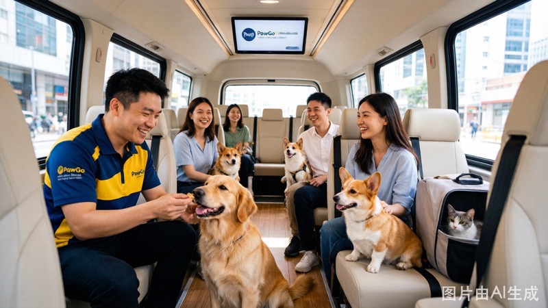 PawGo寵物巴士車廂內愉快的寵物社交場景